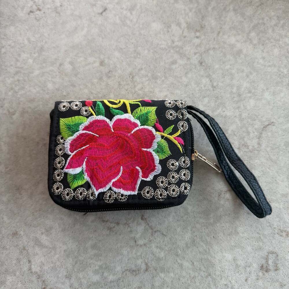 Black Floral Embroidered Zipper Wallet with Wristlet